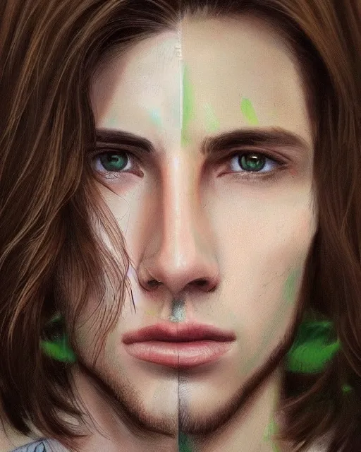 Image similar to face of a masculine young man with thin face lines, have long brown hair and green eyes, very beautiful portrait, low angle, realistic and perfect art, trending on artstation, good lighting