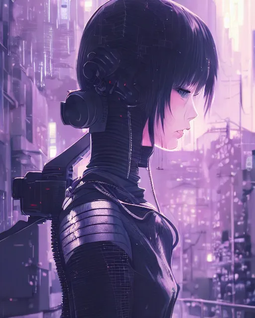 Image similar to kyoto animation, cool lady wearing cyberpunk intricate techwear clothing, beautiful, detailed portrait, cell shaded, 4 k, concept art, by wlop, ilya kuvshinov, artgerm, krenz cushart, greg rutkowski, pixiv. cinematic dramatic atmosphere, sharp focus, volumetric lighting, cinematic lighting, studio quality