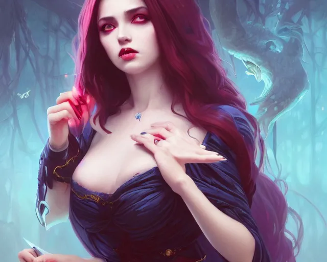 Image similar to beautiful hypnotic seductive hungry vampire girl, photography of kurzgesagt, deep focus, d & d, fantasy, intricate, elegant, highly detailed, digital painting, artstation, concept art, matte, sharp focus, illustration, hearthstone, art by artgerm and greg rutkowski and alphonse mucha