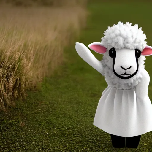 Image similar to a photorealistc sheep character wearing dress, speaking german greetings