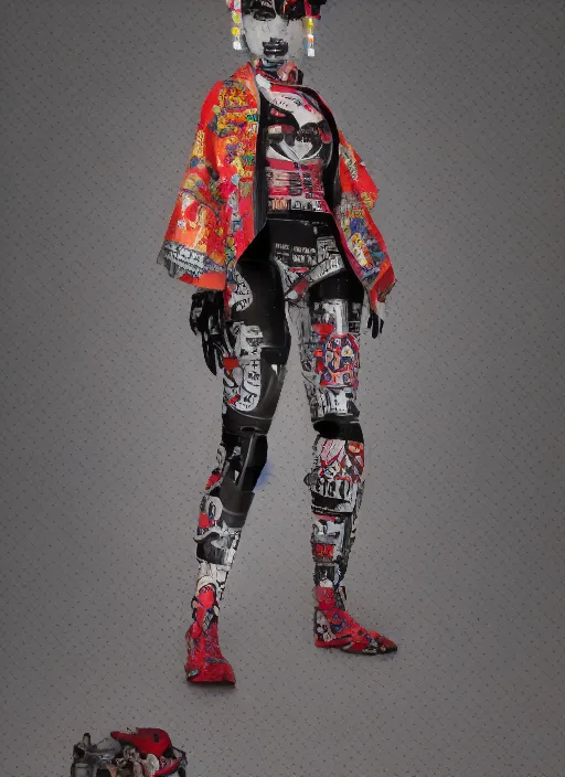 Prompt: full body photo of a punk geisha robot with kanji tattoos and decals wearing a digital pixelated kimono, intricate design, photo - realistic, octane render, ultra fine detailed, character design, trending on artstation
