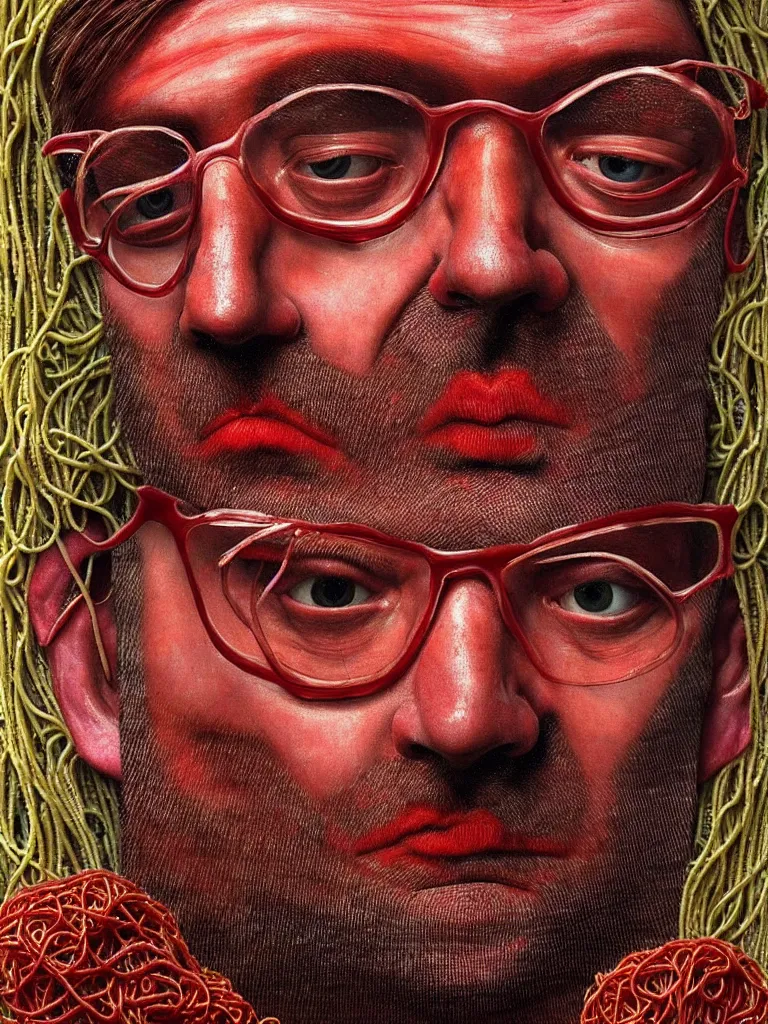 Image similar to jurgen klopp made of spaghetti and tomato sauce, by giuseppe arcimboldo and ambrosius benson, renaissance, intricate and intense oil paint, a touch of beksinski and hr giger and edward munch, realistic