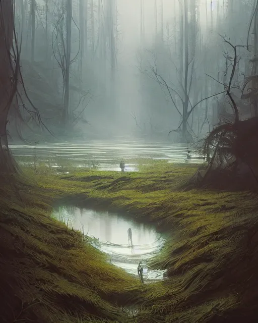 Image similar to professional ominous impressionist painting of a winding river by artgerm and greg rutkowski. an intricate, elegant, highly detailed digital painting, concept art, smooth, sharp focus, illustration, in the style of simon stalenhag, wayne barlowe, and igor kieryluk.