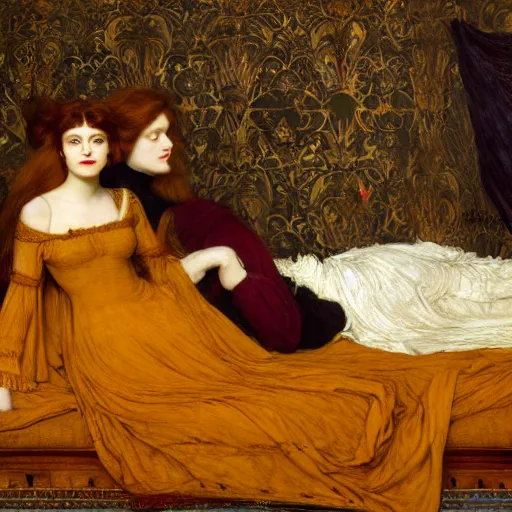 Image similar to preraphaelite photography reclining on bed, a hybrid of judy garland and a hybrid of madame de sevigne and eleanor of aquitaine, aged 2 5, big brown fringe, yellow ochre ornate medieval dress, john william waterhouse, kilian eng, rosetti, john everett millais, william holman hunt, william morris, 4 k