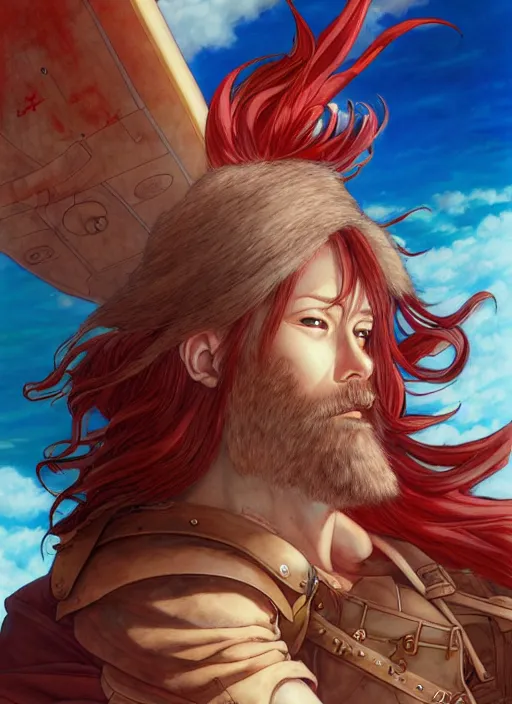 Image similar to prompt : ragnarok online portrait soft light painted by james jean and katsuhiro otomo and erik jones, inspired by akira anime, epic fantasy, a long red haired, red bearded male sky - pirate standing in front of an airship, intricate oil painting, high detail illustration, sharp high detail, manga and anime 1 9 9 9