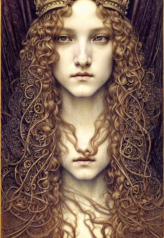 Image similar to detailed realistic beautiful young medieval queen face portrait by jean delville, gustave dore and marco mazzoni, art nouveau, symbolist, visionary, gothic, pre - raphaelite. horizontal symmetry