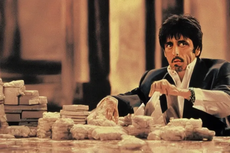 Image similar to tony montana from movie scarface 1 9 8 3 sitting at a table with packages of flour. next to the night window. al pacino. perfect symmetric face, coherent eyes, fine details, 8 k, ron cobb