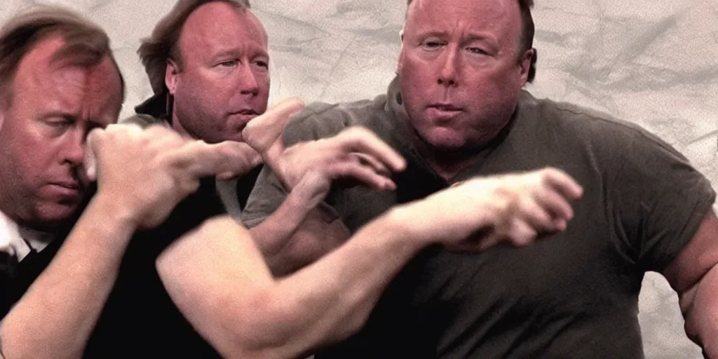 Prompt: early cgi demo alex jones centipede