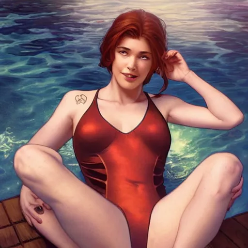 Image similar to mary jane watson in a swimsuit, relaxing in a hot tub, cg animation, riot entertainment, arcane, realistic, character select portrait, by artgerm, greg rutkowski, alphonse mucha, 3 d