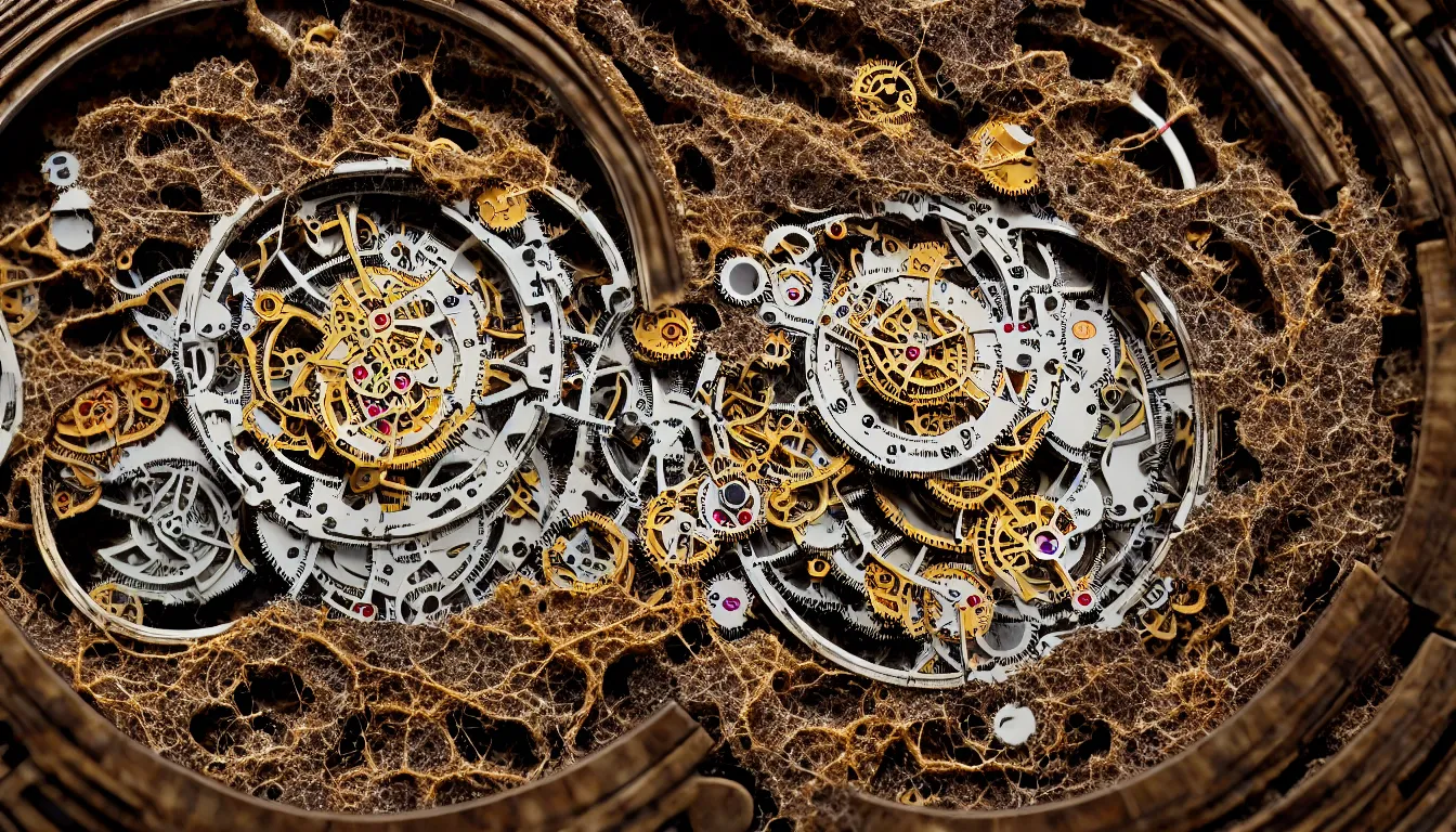 Prompt: detailed view from inside a clockwork watch, entangled roots covered in mushrooms, biomechanics, cracked earth, living spore microorganisms, decaying, rusty, hyper realistic photo, full colour, upscale, 8 k