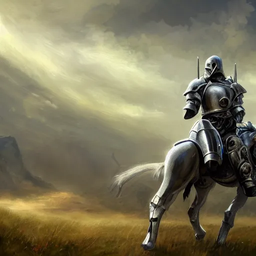 Image similar to a paladin in heavy armor riding on an armored horse through a field, artstation hall of fame gallery, editors choice, # 1 digital painting of all time, most beautiful image ever created, emotionally evocative, greatest art ever made, lifetime achievement magnum opus masterpiece, the most amazing breathtaking image with the deepest message ever painted, a thing of beauty beyond imagination or words