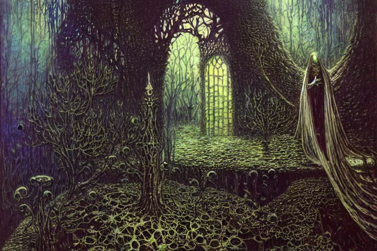 Image similar to knight in enchanted lovecraftian garden by jean delville, luis royo, beksinski, grimshaw