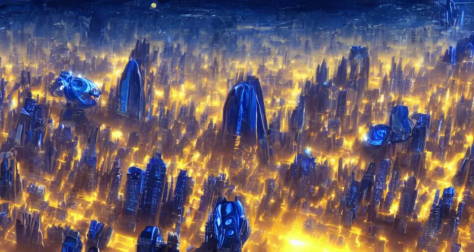 Image similar to a giant, futuristic city where everything is off the ground and is colored blue and gold, in the style of a star wars city, computer wallpaper