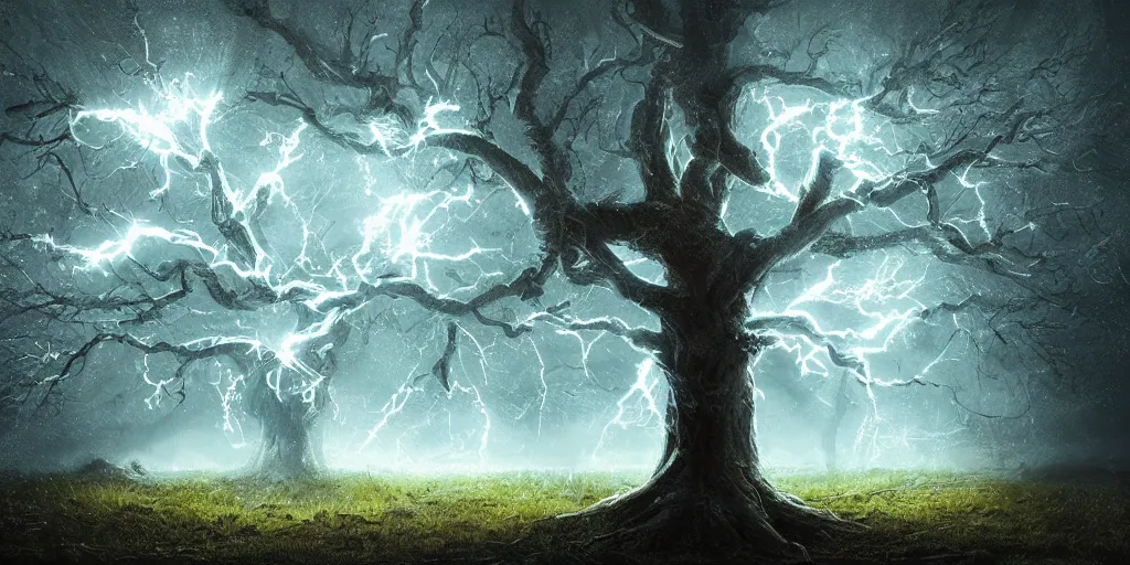 Image similar to a tree with lightning for leaves, overexposure, electricity, night, unreal engine, digital art, 8 k, oil painting, fantasy art, illustration, detailed and intricate environment