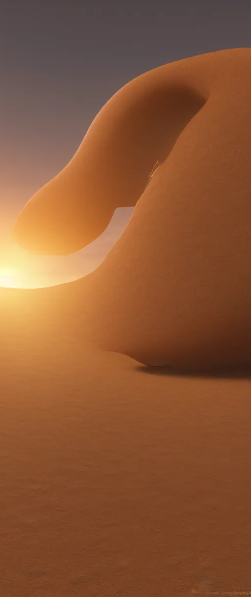 Image similar to an ornithopter on dune, giant sand worms in the background, light orange sunset, volumetric light, hdr, 8 k, bokeh designed by moebius kow yokoyama