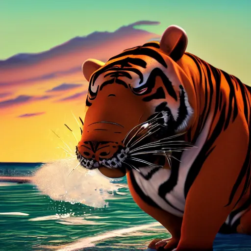 Image similar to a closeup photorealistic photograph of a cute stylish tiger hippo playing volleyball at the beach during sunset. Surf in the background. This 4K HD image is Trending on Artstation, featured on Behance, well-rendered, extra crisp, features intricate detail and the style of Unreal Engine.