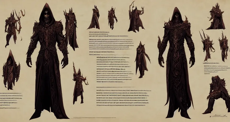 Prompt: A full body portrait character sheet of an evil looking Human sorcerer in Master sorcerer's ornate robes, video game concept art by Wizards of the Coast, Magic The Gathering, Blizzard, Games Workshop, Greg Rutkowski, Craig Mullins, WETA, Elder Scrolls.