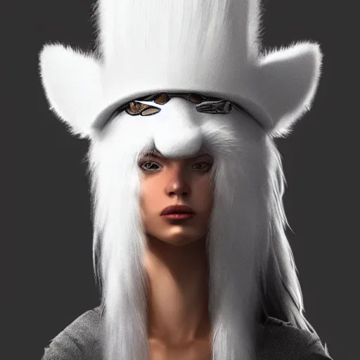 Image similar to portrait of a white panter with a very long fur and wizard hat, fantasy, trending on artstation, heroic pose, illustration, highly detailed, simple, 8k