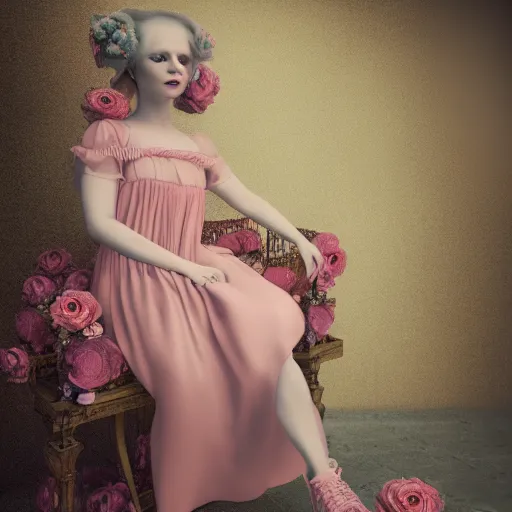 Image similar to 8 k, octane render, realism, tonalism, renaissance, rococo, baroque, cotton candy, portrait of a creepy young lady wearing long 1 9 7 0 s babydoll dress with flowers and skulls