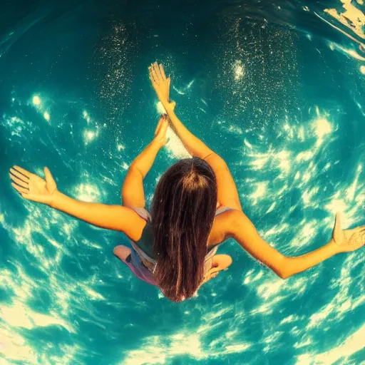 Prompt: a woman floating with arms outstretched sinking into the deep ocean looking up at the light shining from above