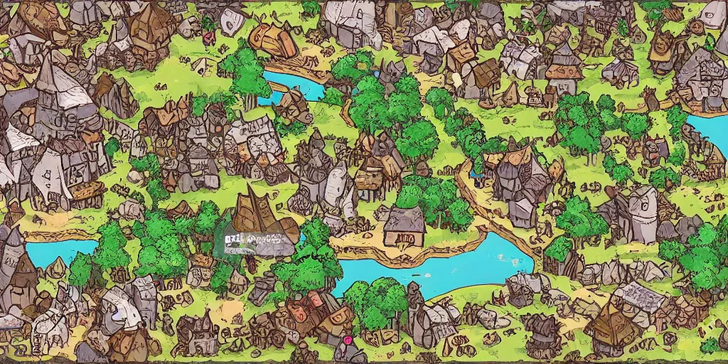 Prompt: a high detailed fantasy bandit camp vector art an aerial view of a cartoonish rpg village by dungeondraft, dofus, patreon content, hd, straight lines, vector, grid, dnd map, map patreon, fantasy maps, foundry vtt, fantasy grounds, aerial view, dungeondraft, tabletop, inkarnate, dugeondraft, roll 2 0