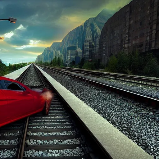 Image similar to man in train throws rocks to cars highway, dramatic lighting, 3 d render, photorealism, unreal engine, art by michael whelan and chris moore and howard david johnson and tim white and dan giancola