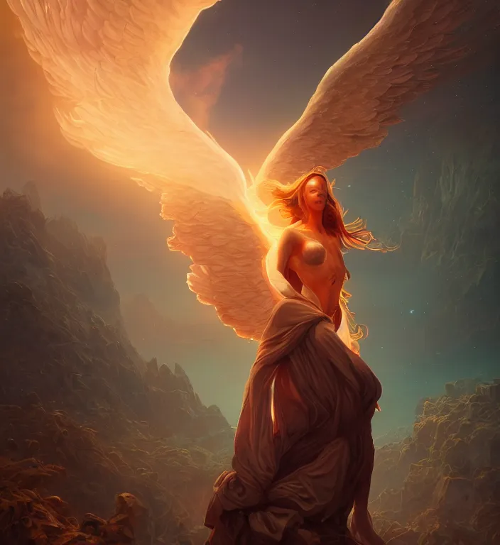 Image similar to centered waist up portrait photography an angel + glowing outlines, bokeh + DOF + 8k, photorealistic + rendered in unreal engine + composition by Peter Mohrbacher + line work by Dan Mumford , ultra realistic + backlit + strong rimlight, sunset + HDRI, HD, Photoreal