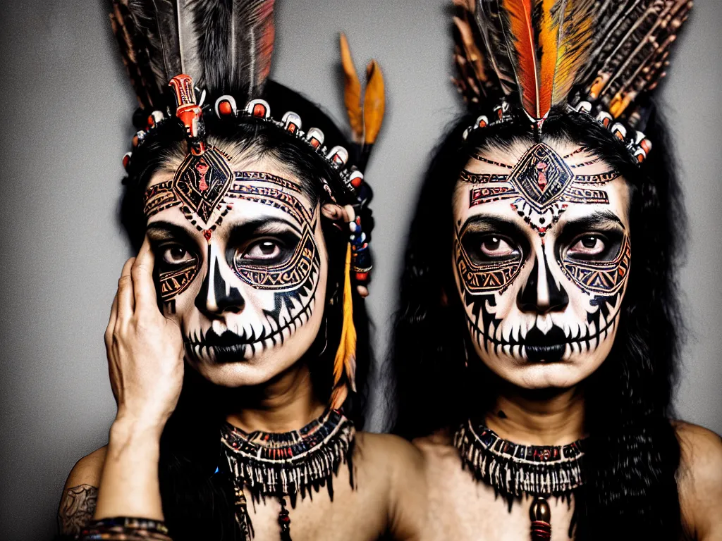 Prompt: photorealistic head and shoulders photo of beautiful female ornate fantasy indian tribal aztec warrior goddess, confident, minimal black skull warpaint, tattoos, Neil Blevins, James Paick, Natasha Tan, Maciej Kuciara, Frank frazetta, arney freytag, Ritu Kumar, Sabyasachi Mukherjee, Annie Leibowitz, bokeh, 4k, fashion pose, cinematic, National Geographic photo shoot, dramatic, 28mm