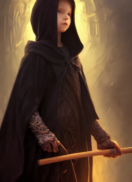 Image similar to perfectly - centered - portrait of a kid wearing black cloak holding stick, intricate, highly detailed, digital painting, artstation, concept art, smooth, sharp focus, illustration, unreal engine 5, 8 k, art by artgerm and greg rutkowski and alphonse mucha and sam spratt