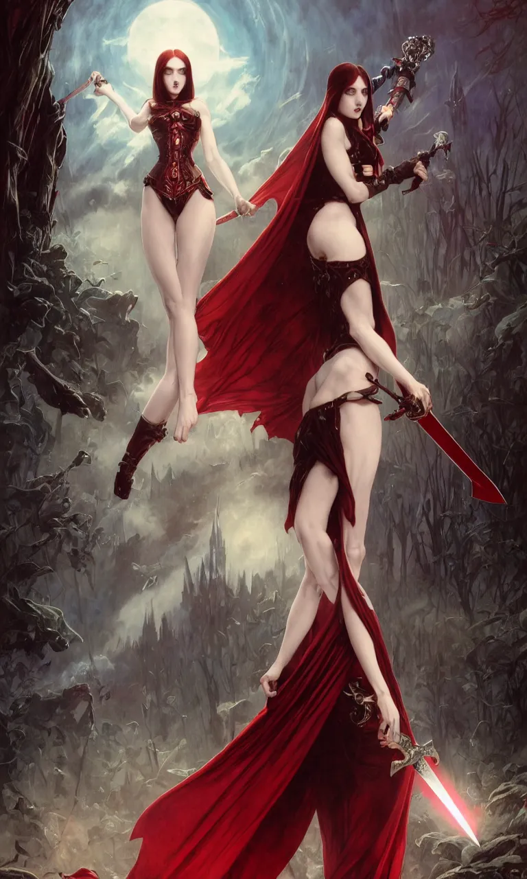 Image similar to full figure, female vampire, pale skin, red cloath, holding a sword wrapped in blue sparkling magic, walking towards the camera, camera pulled back far, detailed illustration, intricate details, surrounded by werewolves, 8 k post processing, scary atmospheric lighting, photoshop, hyper realistic art by artgerm and greg rutkowski and alphonse mucha and lee bermejo