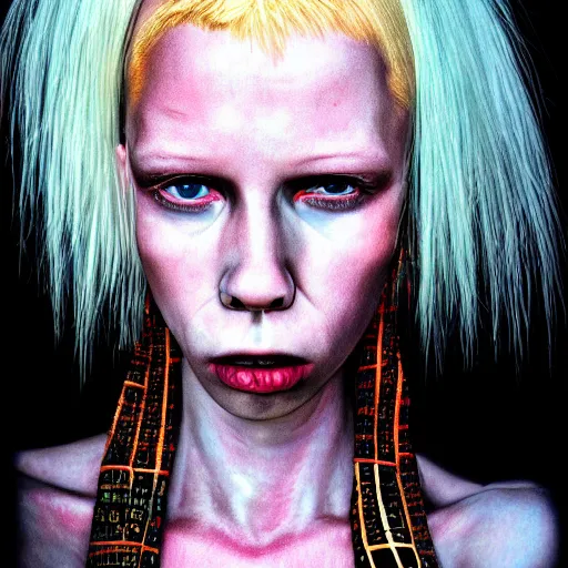 Prompt: realistic expired kodak film portrait of female african albino yolandi visser mix, hyperrealism, hypermaximalism, photorealistic, detailed, atmospheric, 8 k, award winning photography, cinematic