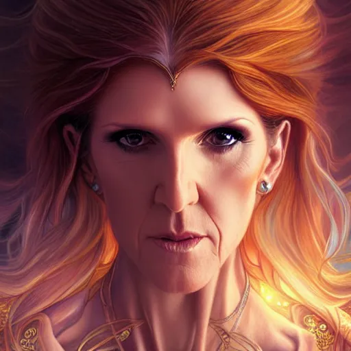 Image similar to Celin Dion as a fantasy magic woman portrait, sci-fi, amber eyes, face, long hair, fantasy, intricate, elegant, highly detailed, digital painting, artstation, concept art, smooth, sharp focus, illustration, art by artgerm and greg rutkowski and alphonse mucha