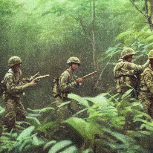 Prompt: wide shot, a squad of American Soldiers patrolling deep in the thick, Vietnamese forest, painting, colored