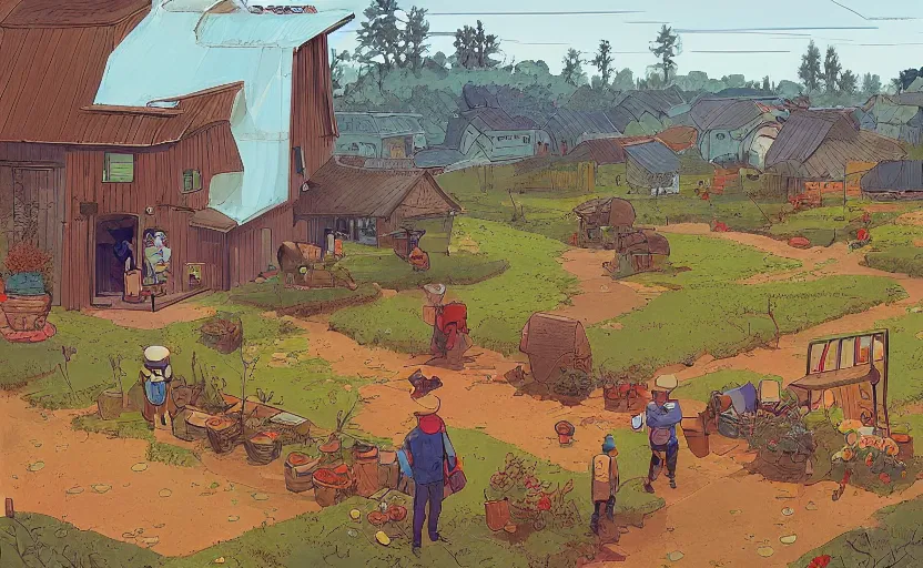 Prompt: people farming on a farm, small village, moebius, james gilleard, story book, gouache, print, game art