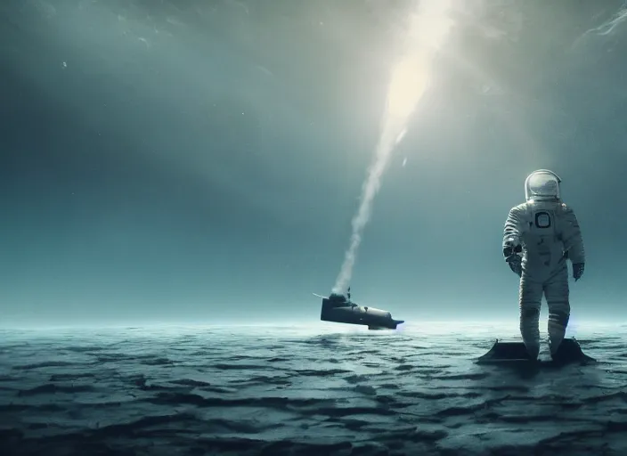 Image similar to astronaut holding a flag in an underwater desert. a submarine is visible in the distance. dark, concept art, cinematic, dramatic, atmospheric, 8 k, trending on artstation, blue, fish, low visibility, fog, ocean floor, christopher nolan, interstellar