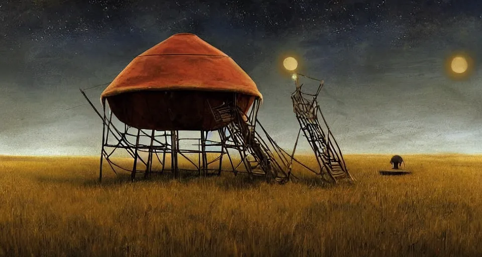 Image similar to night, stars shining, a yurt, in the steppe, summer field, in background a giant!!!!! rusty building construction of spiral upside - down stairs!!!!!, from the game pathologic 2, highly detailed, sharp focus, matte painting, by isaac levitan and asher brown durand,