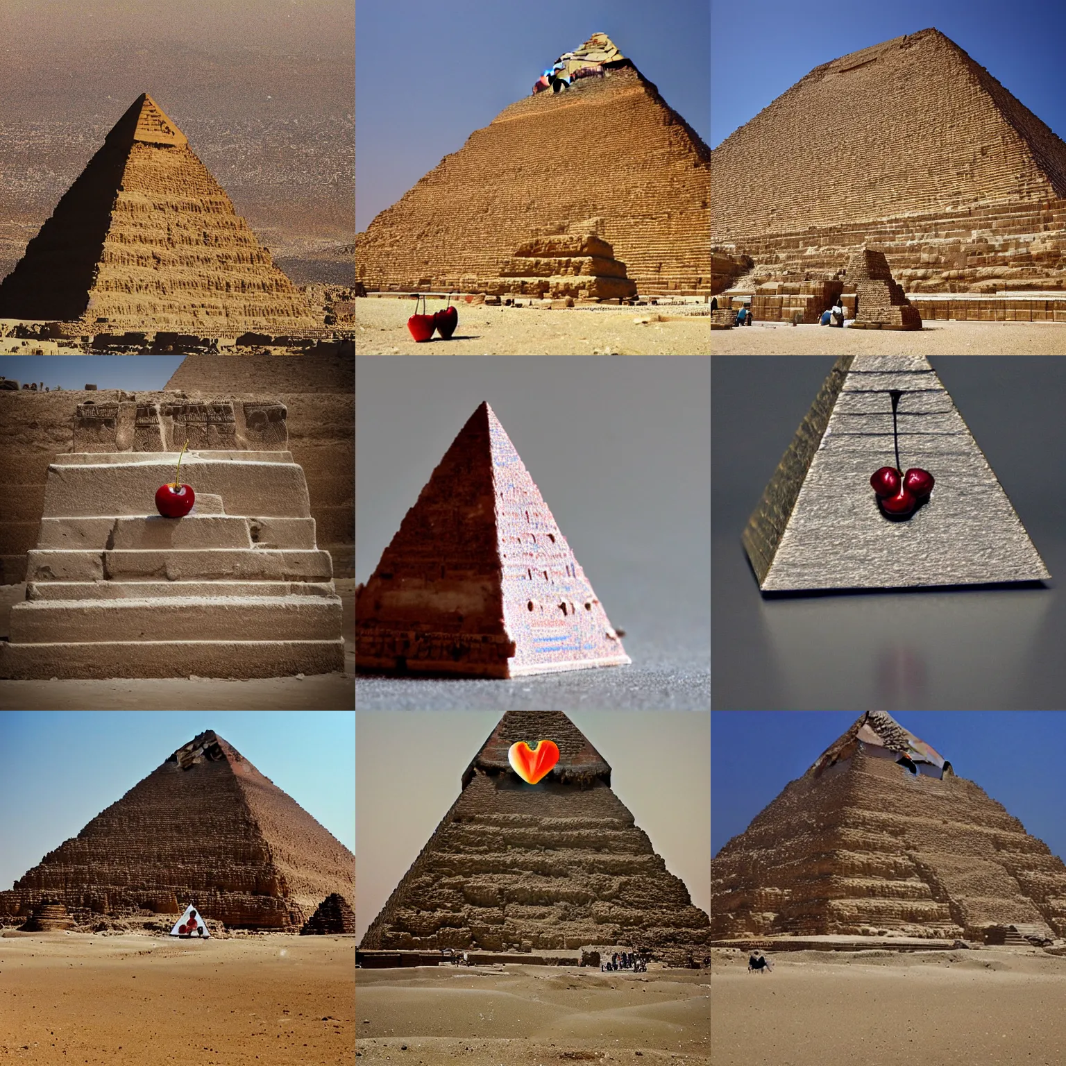Prompt: and ancient egyptian pyramid with a cherry on top. photograph.