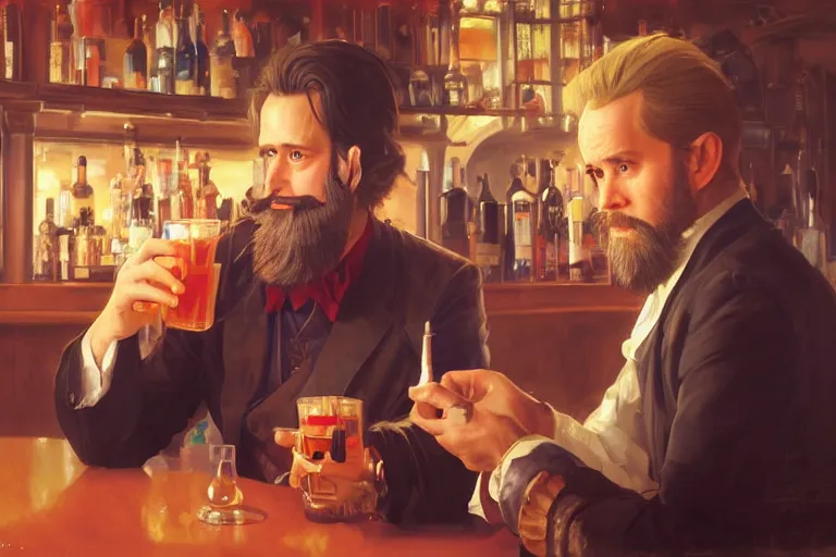 Prompt: a magician with magic eyes and a full beard drinking a multicolored magic drink in a bar, highly detailed painting by studio ghibli and carravagio, leyendecker, craig mullins, nice lighting, smooth tiny details, soft and clear shadows, low contrast, perfect