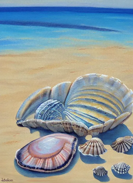 Prompt: she sells sea shells by the sea shore; painting by John foster.