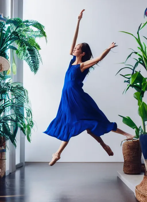 Image similar to woman dancing in a marine blue summer dress, fashion magazine, indoor plants in the background, elegant, photorealistic camera shot, studio lighting, crisp quality and light reflections