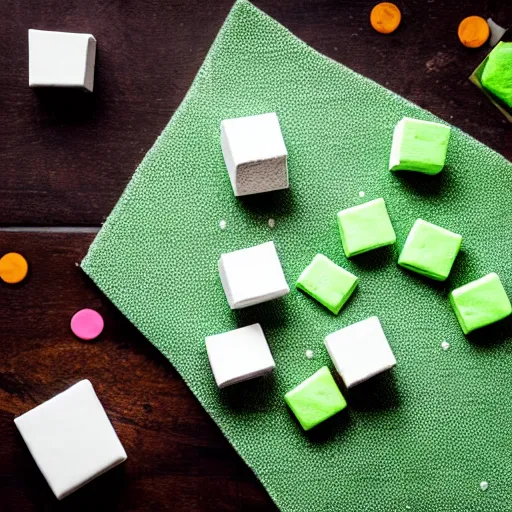 Image similar to photograph of a marshmallow cube with sprinkles and chocolate flakes on a dark wooden chopping board, light green pastel, hessian cloth, styled food photography, photorealistic, 4 k