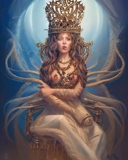 Image similar to full view Symbolic portrait of an ethereal Queen in a crown of sorrow wearing a ornate dress sitting on a throne by Anna Dittman and Jesper Ejsing, detailed and realistic, featured on Artstation, soft lighting, behance