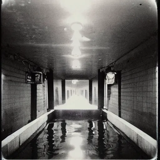 Prompt: flooded subway entrance, dark, liminal space, eerie, old polaroid,