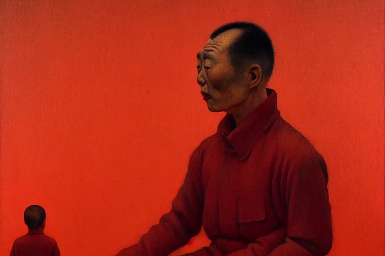 Image similar to a chinese prisoner, in the style of beksinski, parts by edward hopper, parts by rodcenko, parts by yue minjun, intricate and epic composition, symmetrical, red by caravaggio, insanely quality, highly detailed, masterpiece, red light, artstation, 4 k