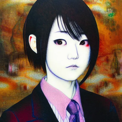 Image similar to yoshitaka amano blurred and dreamy realistic three quarter angle portrait of a young woman with short hair and black eyes wearing office suit with tie, junji ito abstract patterns in the background, satoshi kon anime, noisy film grain effect, highly detailed, renaissance oil painting, weird portrait angle, blurred lost edges