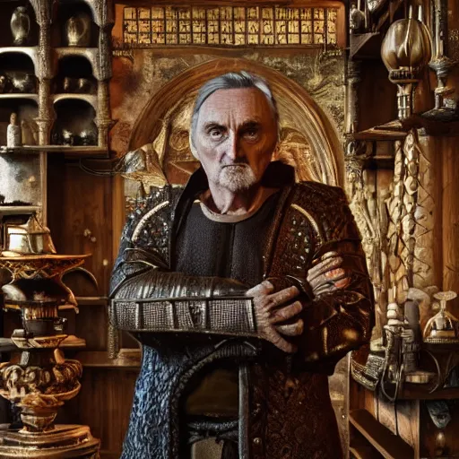 Image similar to full body portrait photo of Dennis hopper as a devious medieval lord in a giant medieval Shop, unreal engine, octane render, intricate details, 8k high definition, beauriful, ornate, hypermaximalistic