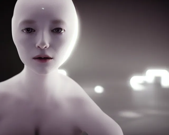 Image similar to a film still of a synthetic female human wrapped in white cloth, in neotokyo, cinematic lighting, high resolution, 4 k