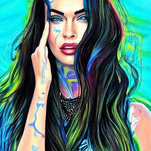 Image similar to “Megan Fox acid paints paintings, ultra detailed portrait, 4k resolution”