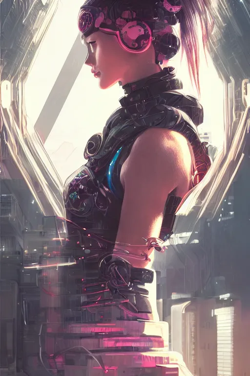 Prompt: portrait futuristic Ninja Girl, in future cyberpunk tokyo rooftop , ssci-fi, fantasy, intricate, very very beautiful, elegant, neon light, highly detailed, digital painting, artstation, concept art, smooth, sharp focus, illustration, art by tian zi and WLOP and alphonse mucha