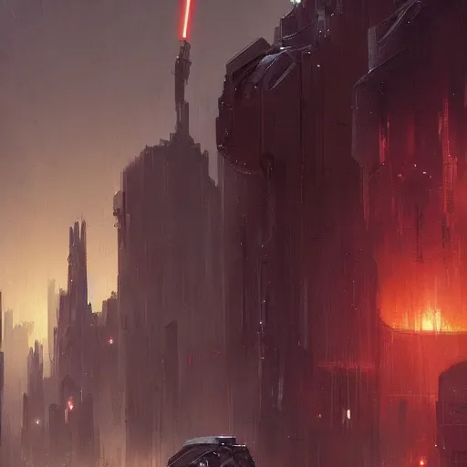 Image similar to star wars concept art by greg rutkowski, a huge metropolis with sharp and elegant buildings, it is night and it feels busy, the buildings are bright, dark and reddish night sky, cinematic lighting, oppressive atmosphere.